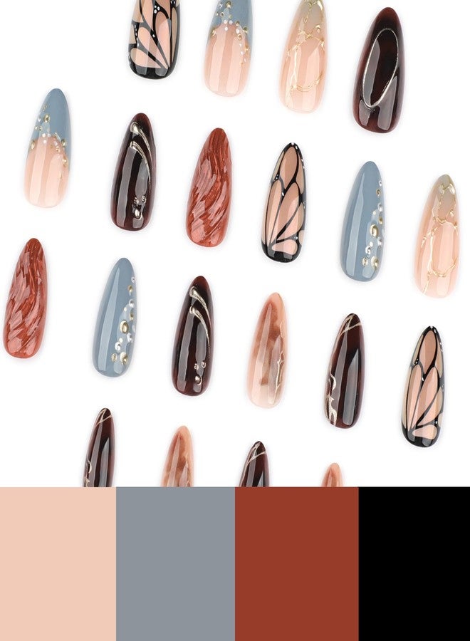 CTTHNBD Press on Nails Almond - Medium Fake Nails with Gold Line Rhinestone Design - Winter False Nails Press Ons - for Women Manicure 24 Pcs - Image 3